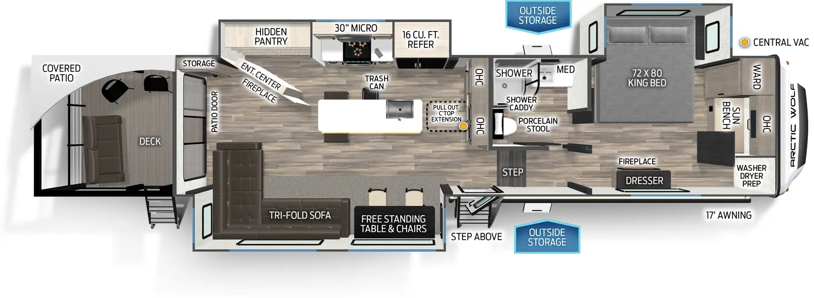 The Arctic Wolf 3800DECK floorplan has two entries and three slide outs. Exterior features include: fiberglass exterior and 17' awning. Interiors features include: kitchen island, free-standing dinette option and front bedroom.